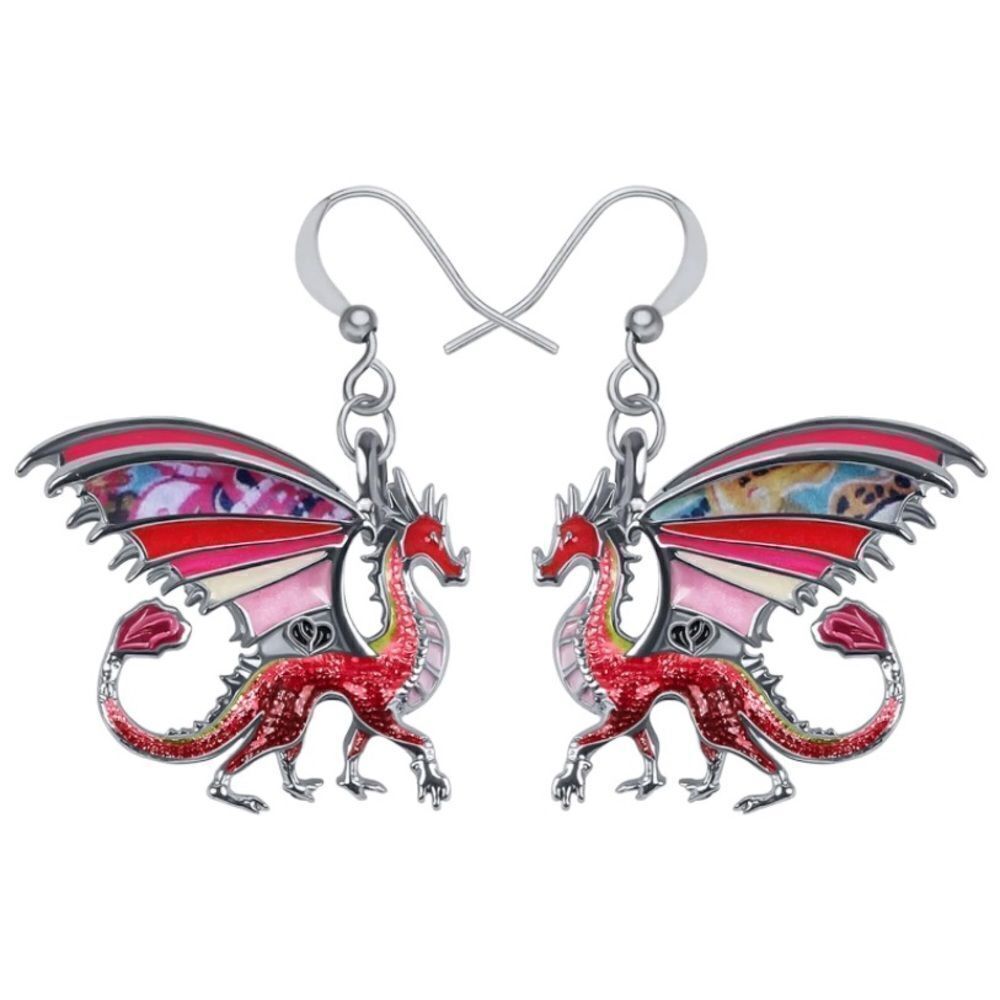 Silver and Multicolor Enamel Mythical Dragon Dangling French Wire Hook Earrings